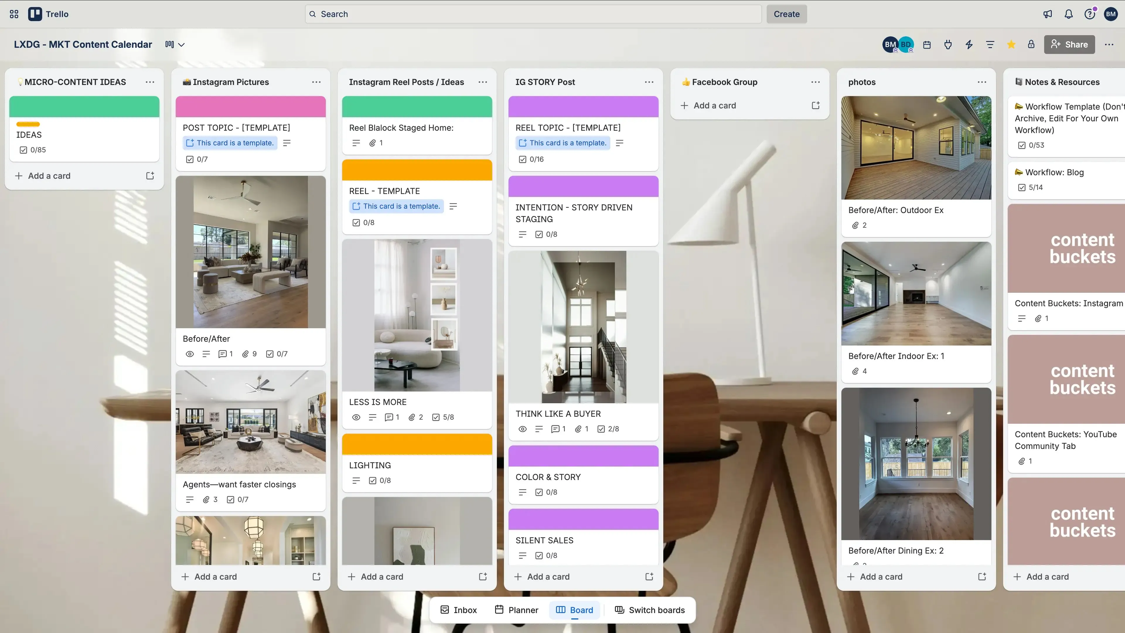The LXDG marketing content calendar in Trello, with columns for micro-content ideas, Instagram pictures, reel ideas, story posts, a Facebook group, photos, and notes and resources.