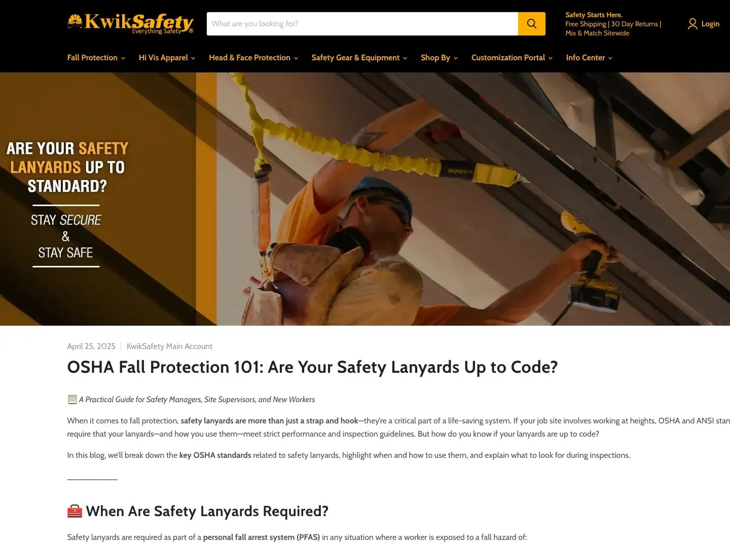 Kwik Safety blog post: “OSHA Fall Protection 101: Are Your Safety Lanyards Up to Code?”