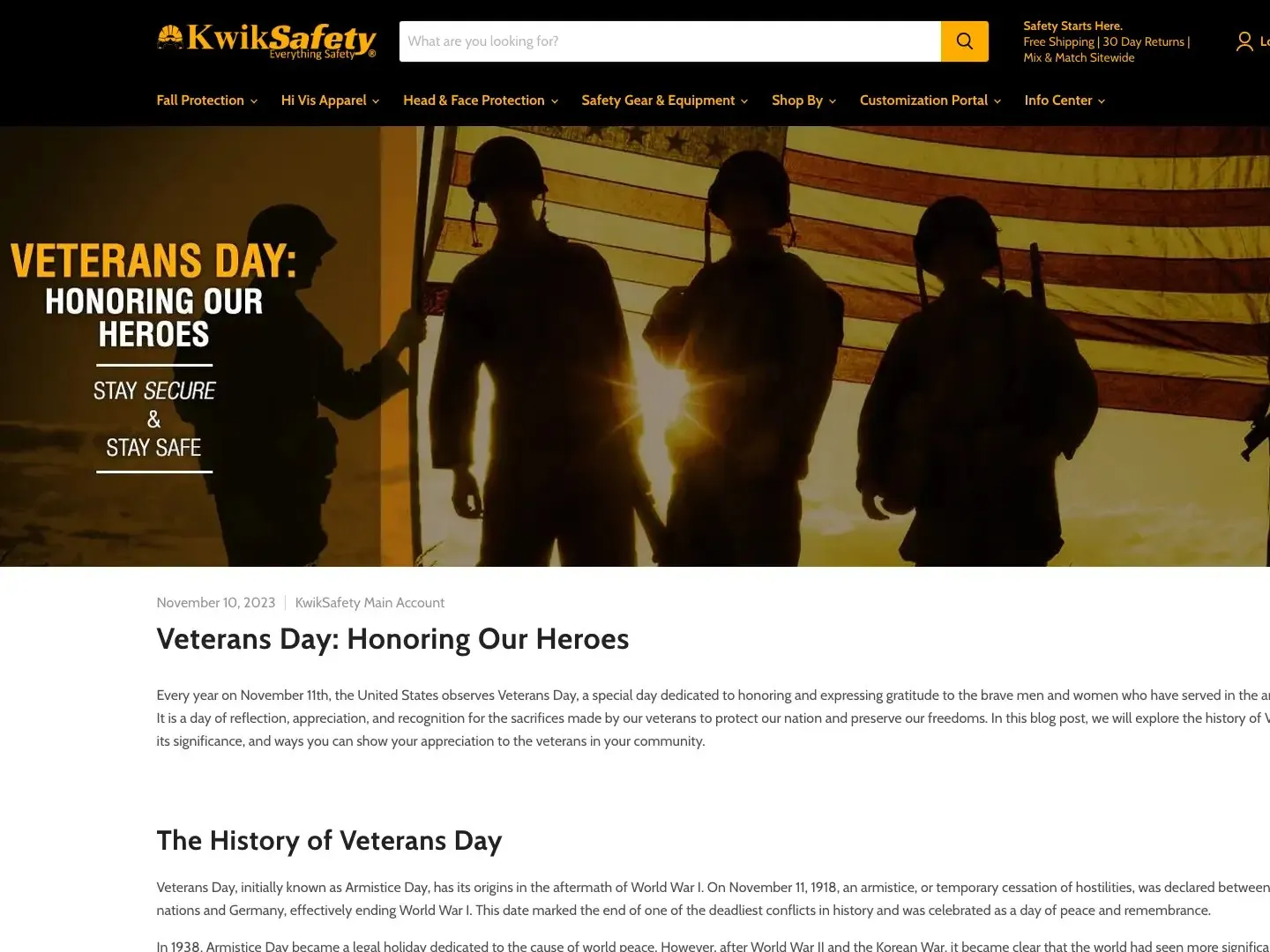 Kwik Safety blog post: “Veterans Day: Honoring Our Heroes,” with silhouettes of service members against a flag.