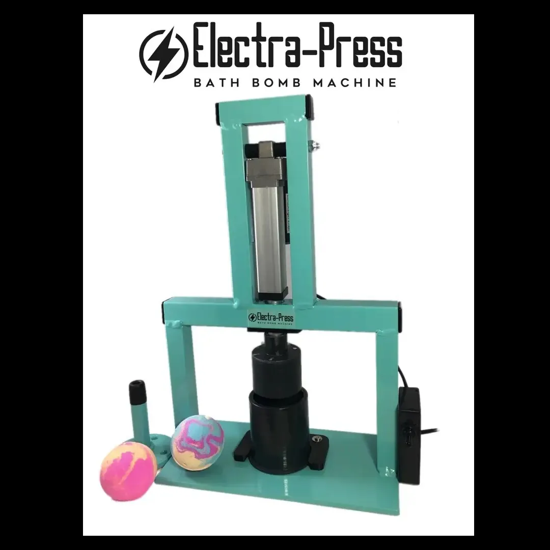 Product graphic for the Electra-Press bath bomb machine: a teal press with a finished bath bomb, on black.
