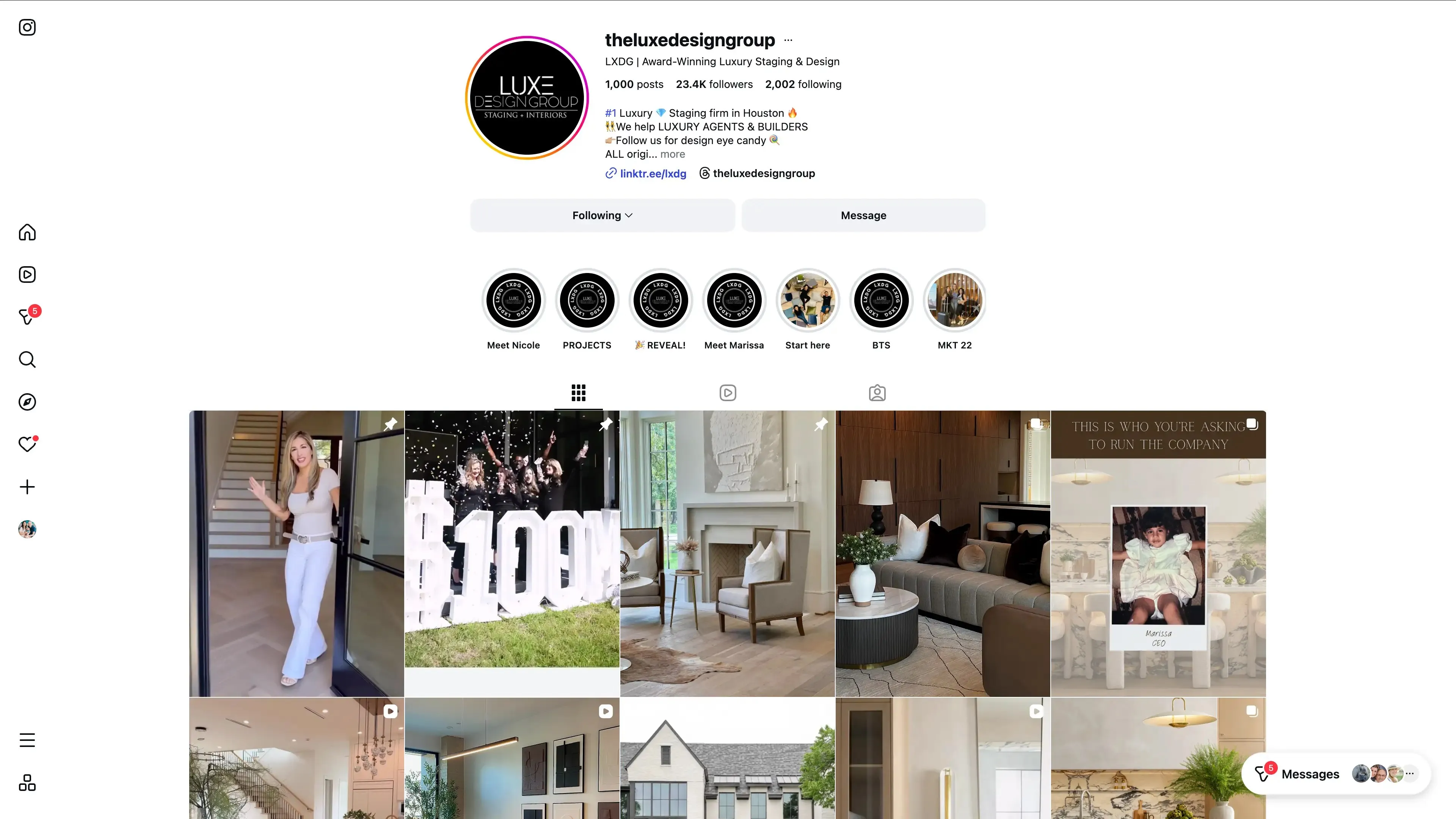 The Luxe Design Group’s Instagram profile on desktop, with story highlights and a grid of staged interiors.