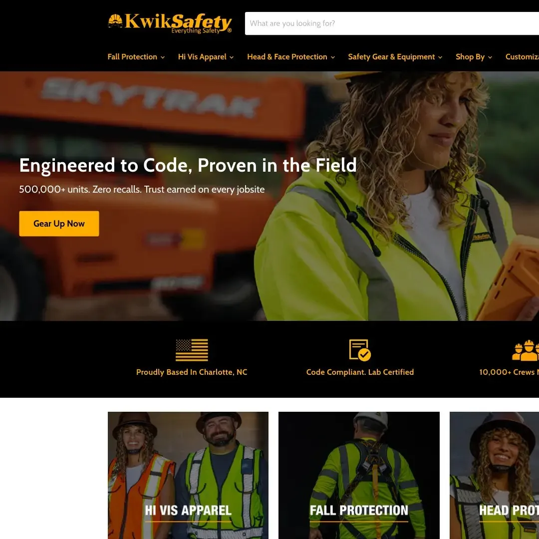 Kwik Safety’s homepage hero: “Engineered to Code, Proven in the Field.”