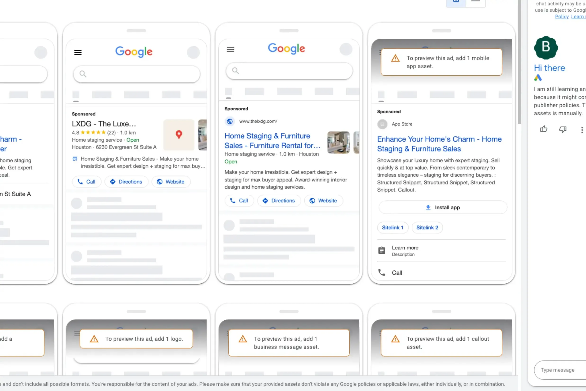 Google Ads previews of LXDG’s mobile search ads, with call, directions and website buttons.
