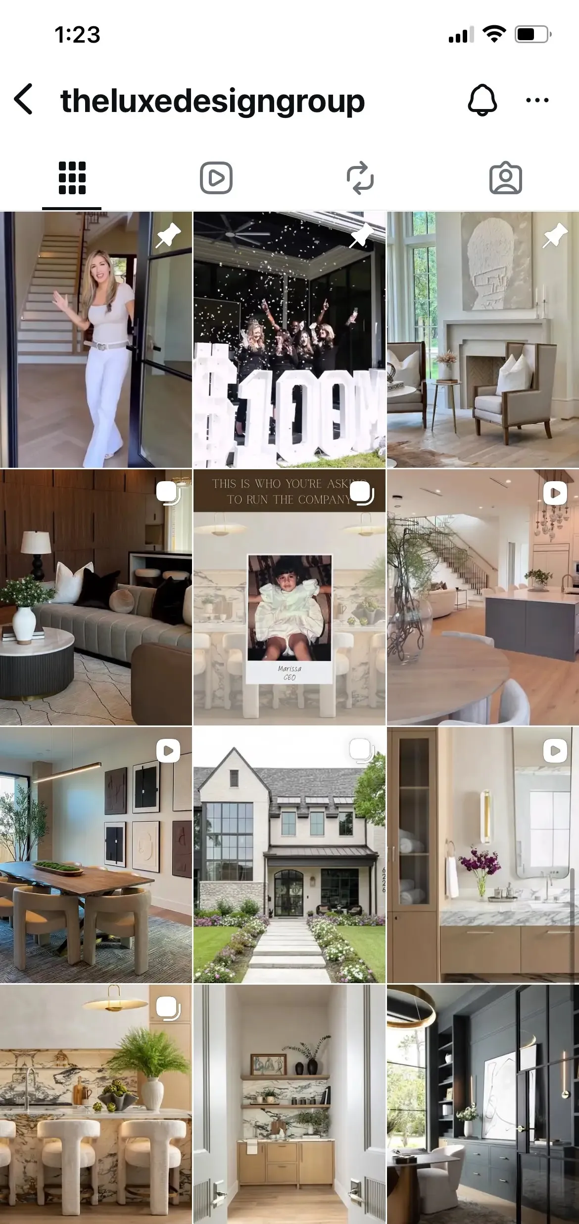 LXDG’s Instagram grid on mobile: staged rooms, reels and a milestone post.