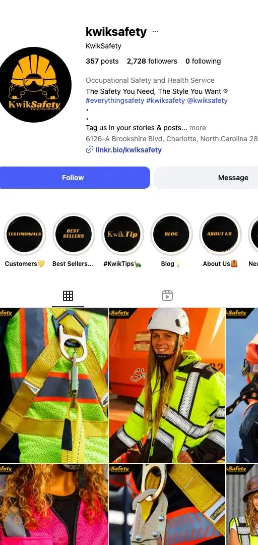 Kwik Safety’s Instagram profile on mobile: highlights and a grid of hi-vis product and safety posts.