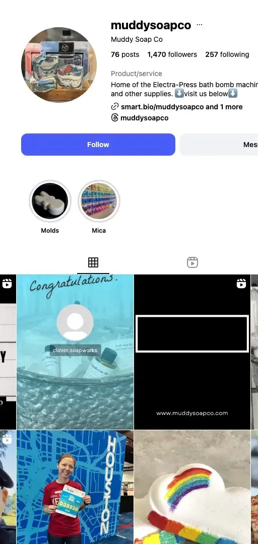 Muddy Soap Co.’s Instagram profile on mobile, with highlights for molds and mica.