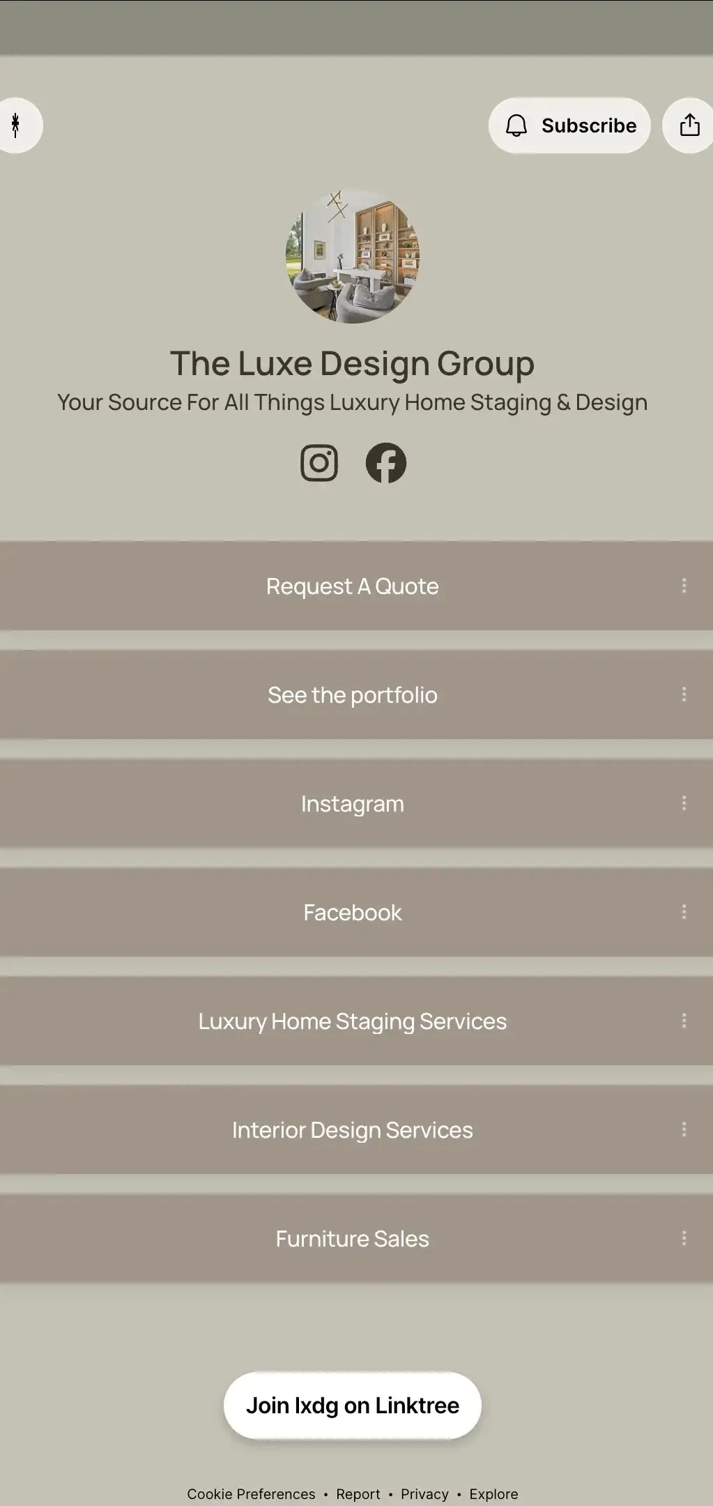 LXDG’s link-in-bio page with buttons to request a quote, see the portfolio, and explore staging, interior design and furniture sales.