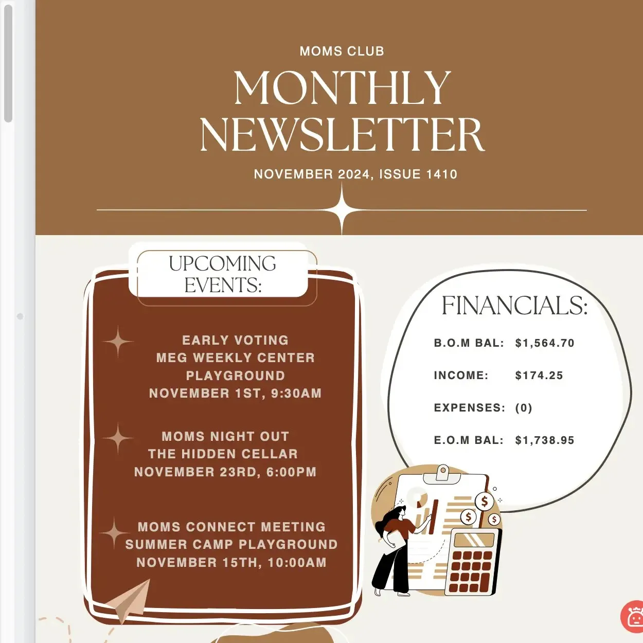Moms Club monthly newsletter for November 2024 with upcoming events and a treasury summary, set in warm browns and cream.