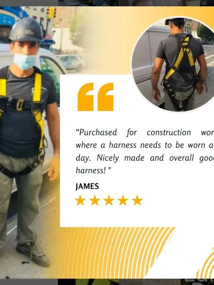 Kwik Safety testimonial post: a five-star review from James about a harness he wears all day on construction jobs.