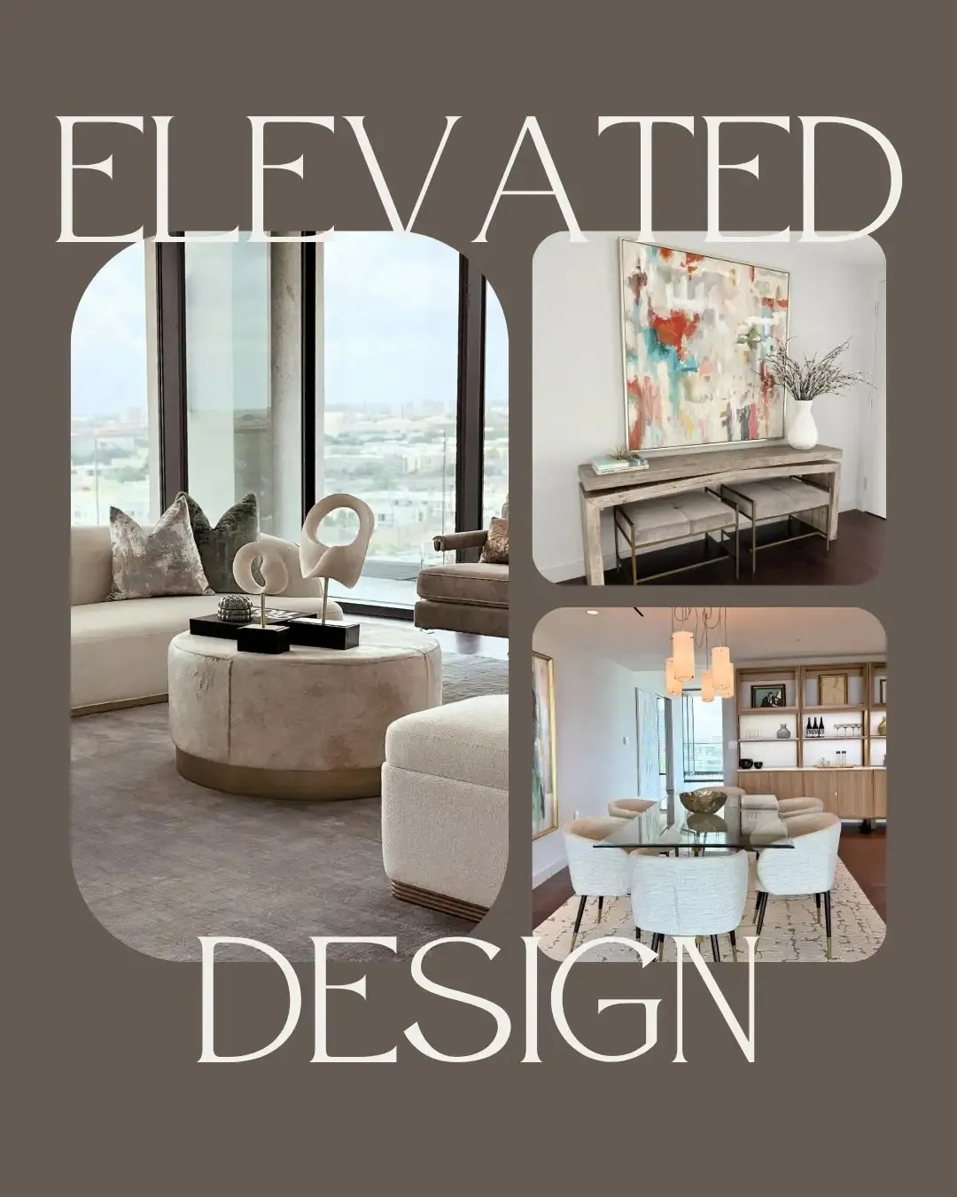 Instagram post for Luxe Design Group: “Elevated Design” framing three staged rooms.