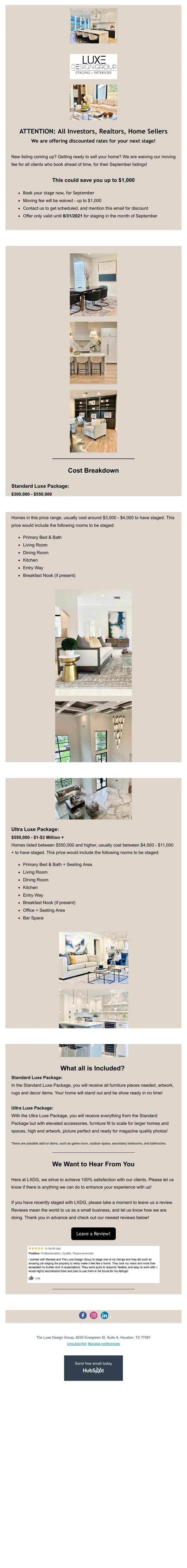 Luxe Design Group promotional email to realtors, investors and home sellers offering a waived moving fee, followed by a cost breakdown of the Standard and Ultra Luxe staging packages and a request for reviews.