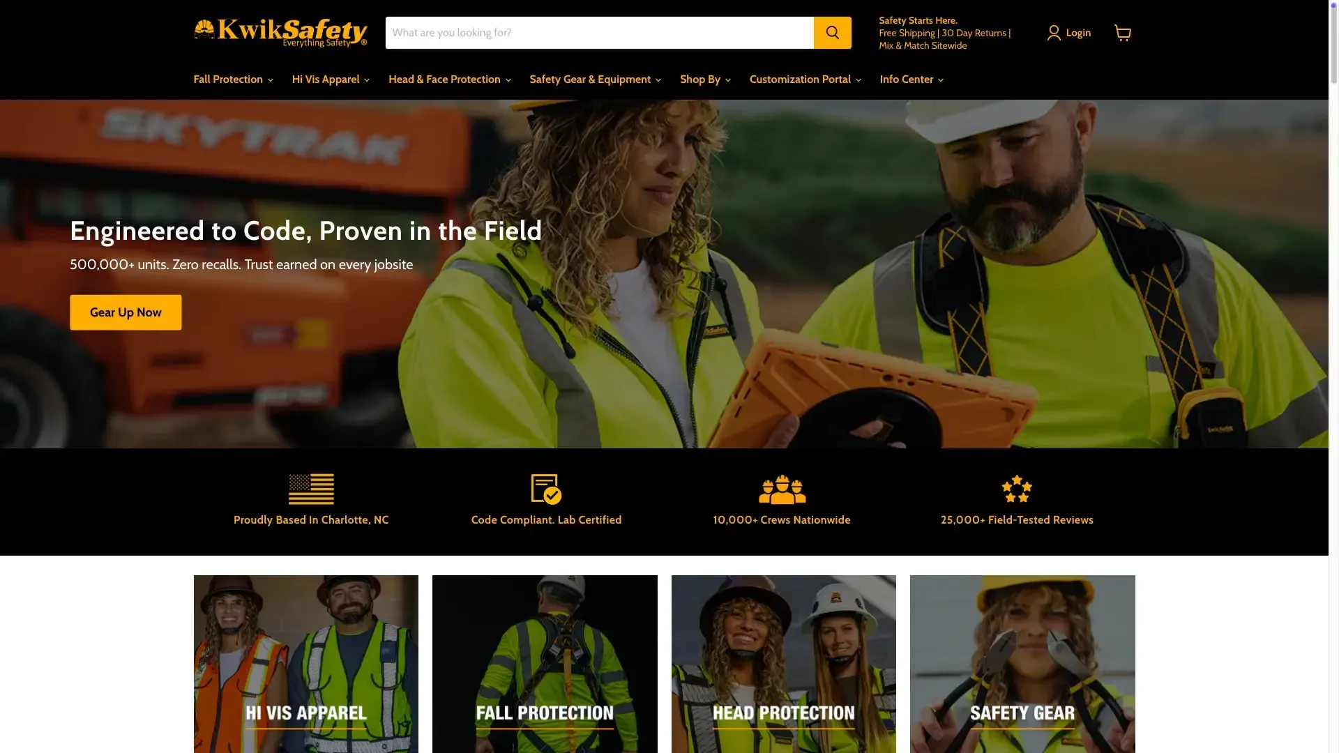 Kwik Safety’s homepage: “Engineered to Code, Proven in the Field” over a photo of workers in hi-vis, with shop tiles below.