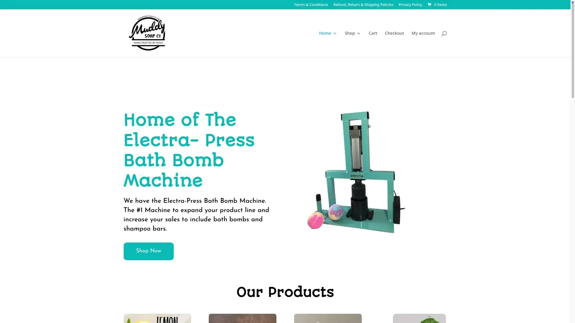 Muddy Soap Co. homepage: “Home of the Electra-Press Bath Bomb Machine” beside a photo of the teal press.
